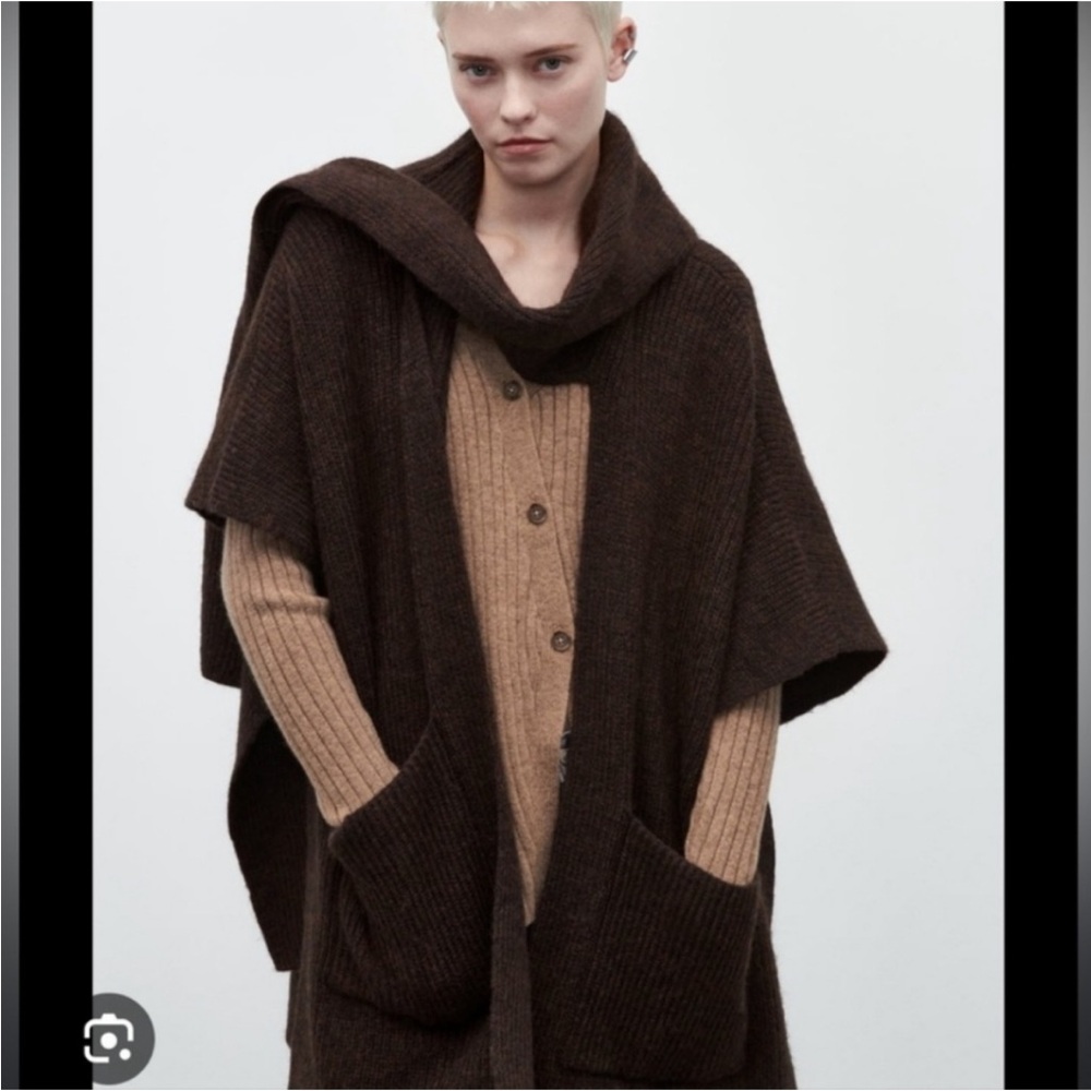 Zara sweater coat ribbed knit brown cardigan cape with scarf sz.S